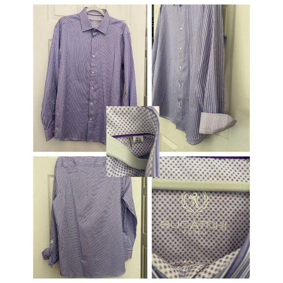 Men's Bugatchi Uomo purple striped button down dress shirt 16 1/2 - Picture 1 of 6